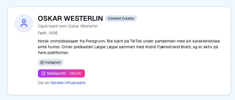 Medieprofil-badge på Oskar Westerlins personside